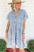 Blue Acid Wash V Neck Tiered Denim Dress